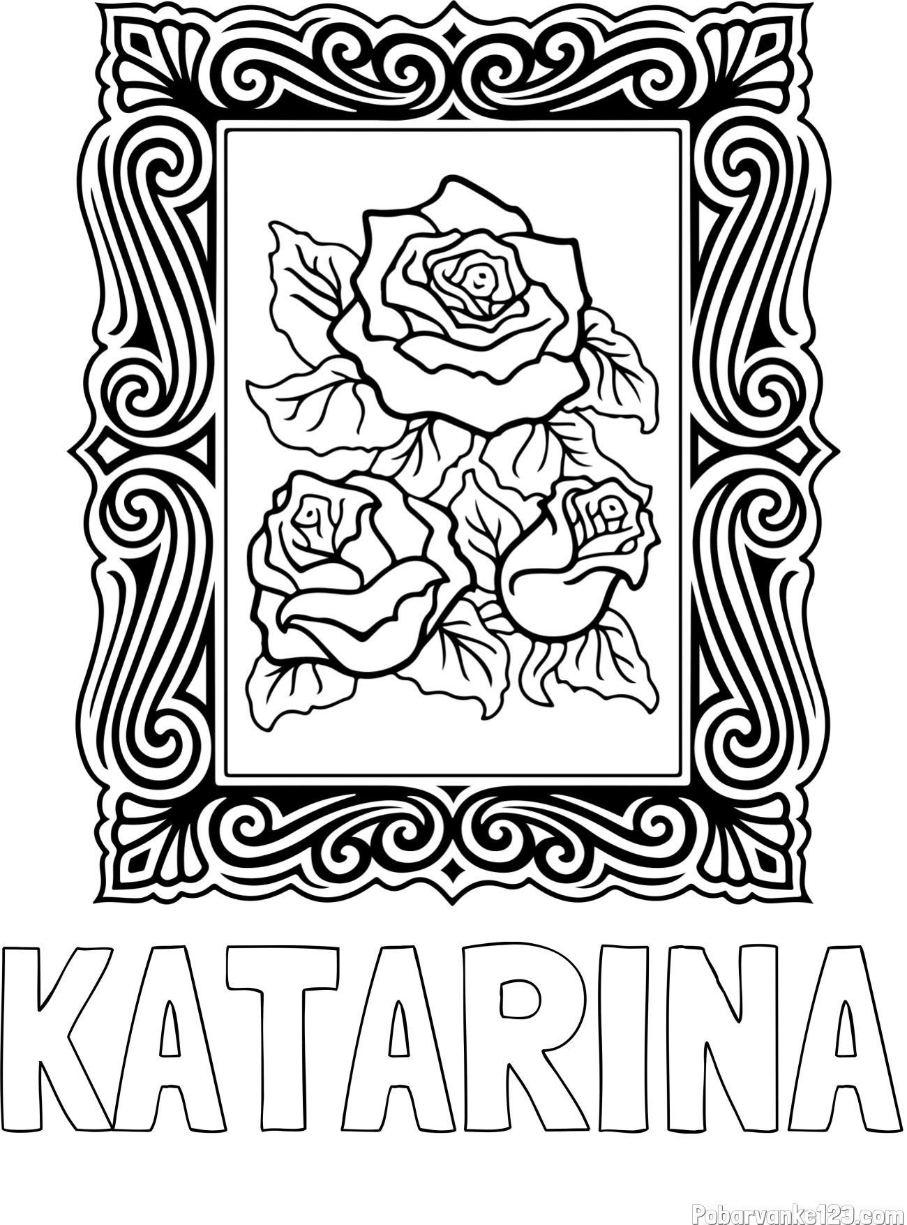 Pobarvanka imena KATARINA in pobarvanka  uokvirjene slike vrtnic