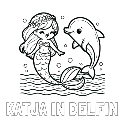 Online izdelana pobarvanka - Pobarvanka imena KATJA IN DELFIN in pobarvanka ljubke morske deklice, ki pleše z delfinom