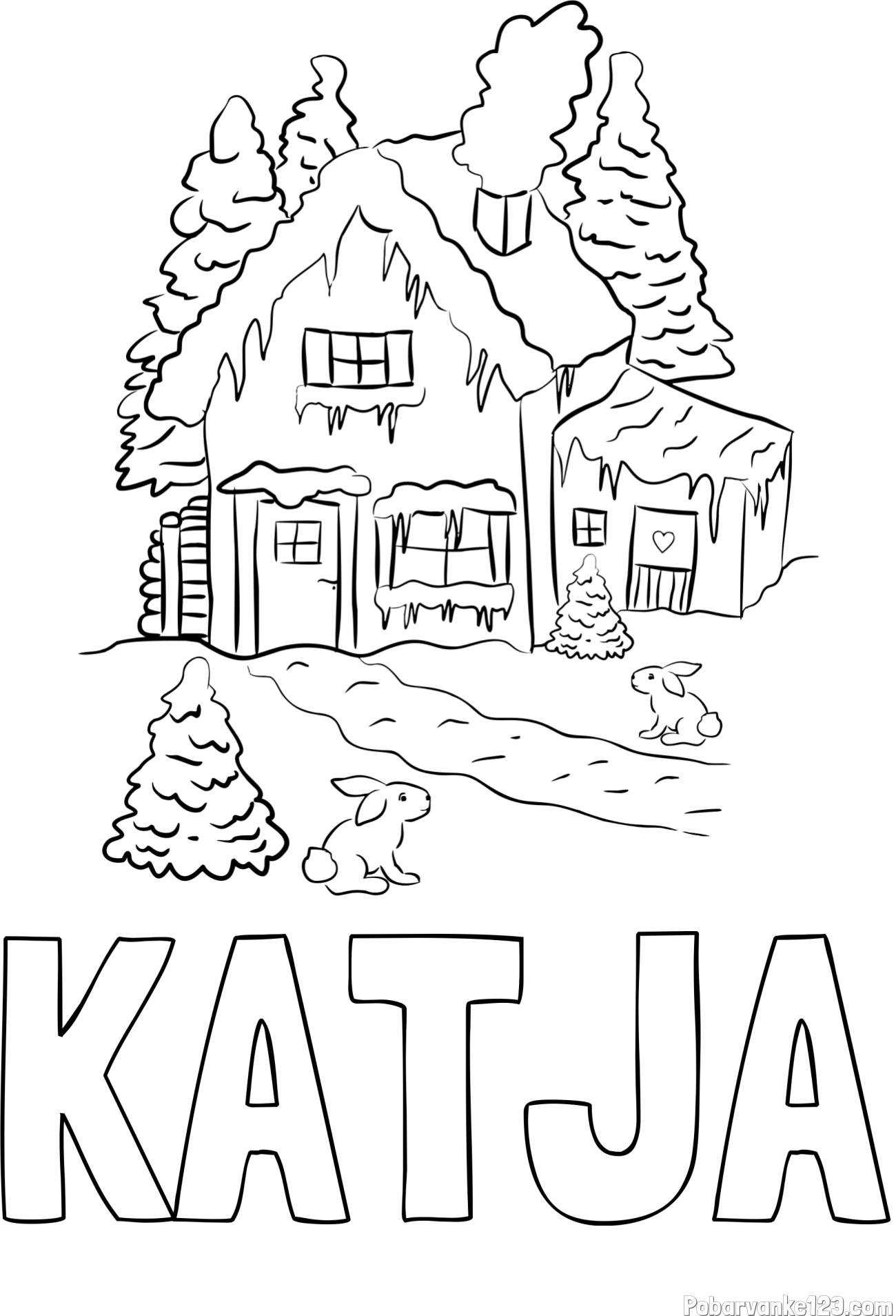 Pobarvanka imena KATJA in pobarvanka zasnežene hiše