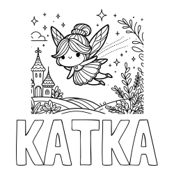 Online izdelana pobarvanka - Pobarvanka imena KATKA in pobarvanka čarobne vile, ki leti nad pravljično pokrajino