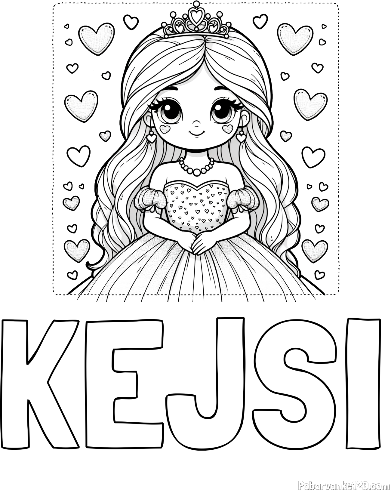 Pobarvanka imena KEJSI in pobarvanka ljubke princese obdane s srčki