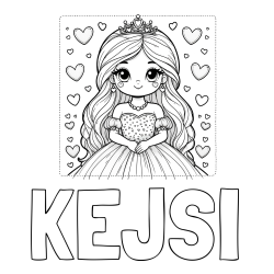 Online izdelana pobarvanka - Pobarvanka imena KEJSI in pobarvanka ljubke princese obdane s srčki