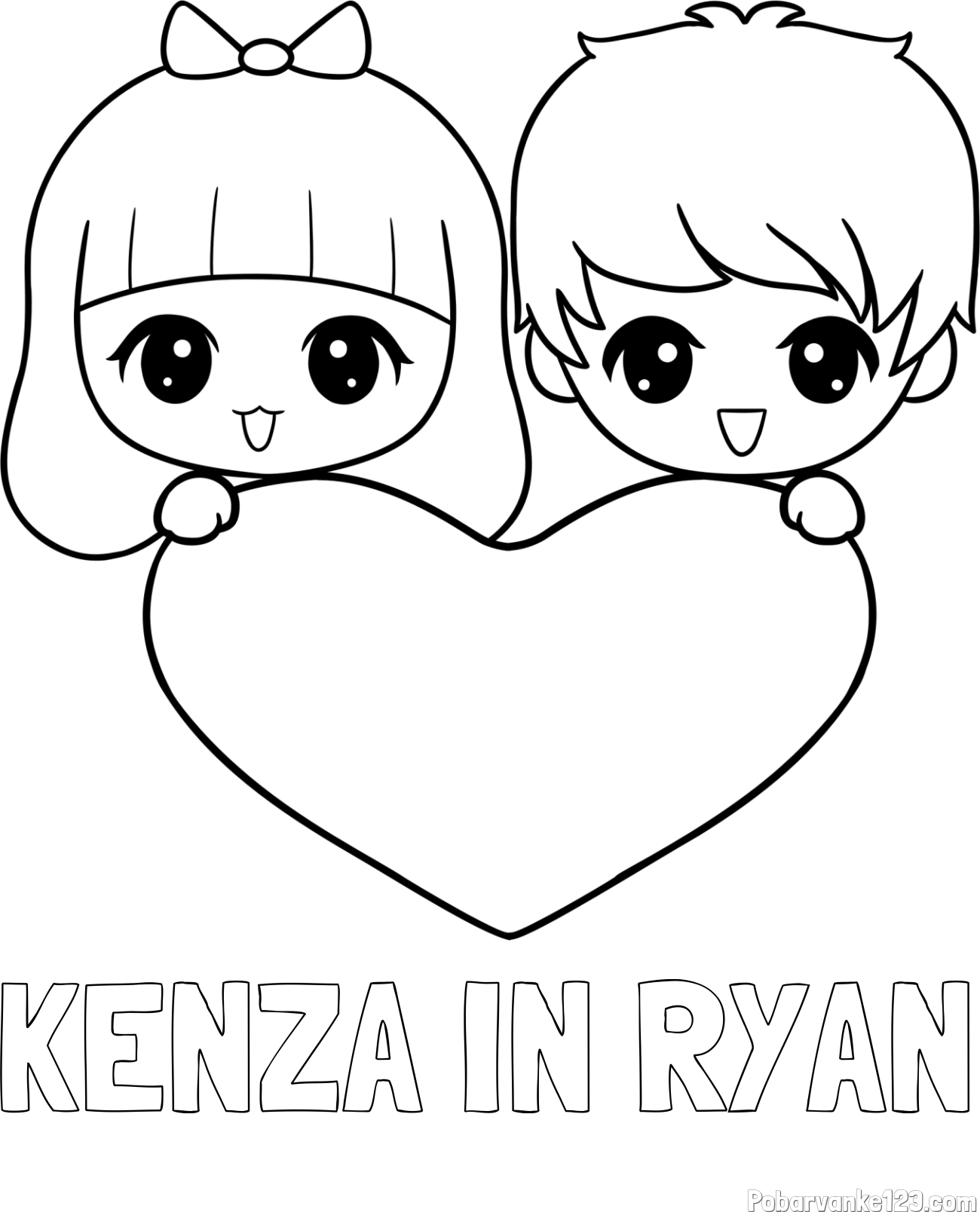 Pobarvanka imena KENZA IN RYAN in pobarvanka fantka in deklice, ki objemata srček