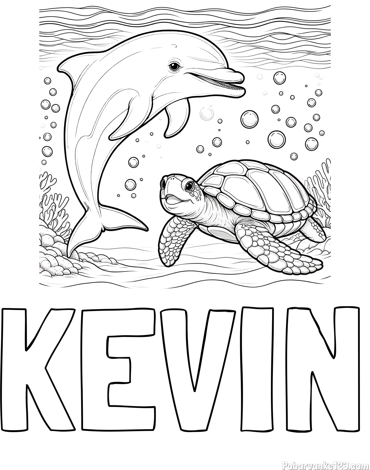 Pobarvanka imena KEVIN in pobarvanka ljubkega delfina in njegove prijateljice želve