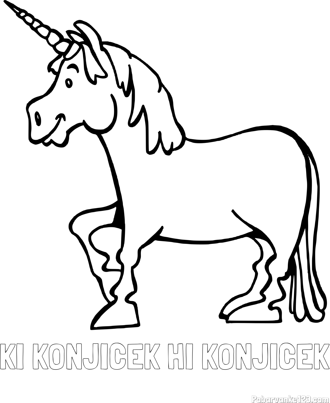 Pobarvanka imena KI KONJIČEK HI KONJIČEK in pobarvanka veselega samoroga