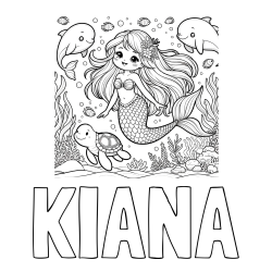 Online izdelana pobarvanka - Pobarvanka imena KIANA in pobarvana ljubke morske deklice s prijatelji