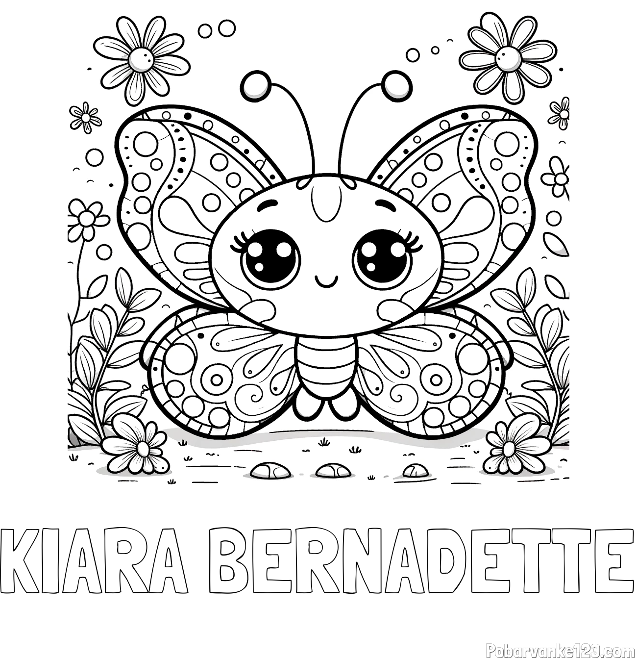 Pobarvanka imena KIARA BERNADETTE in pobarvanka ljubkega metuljčka