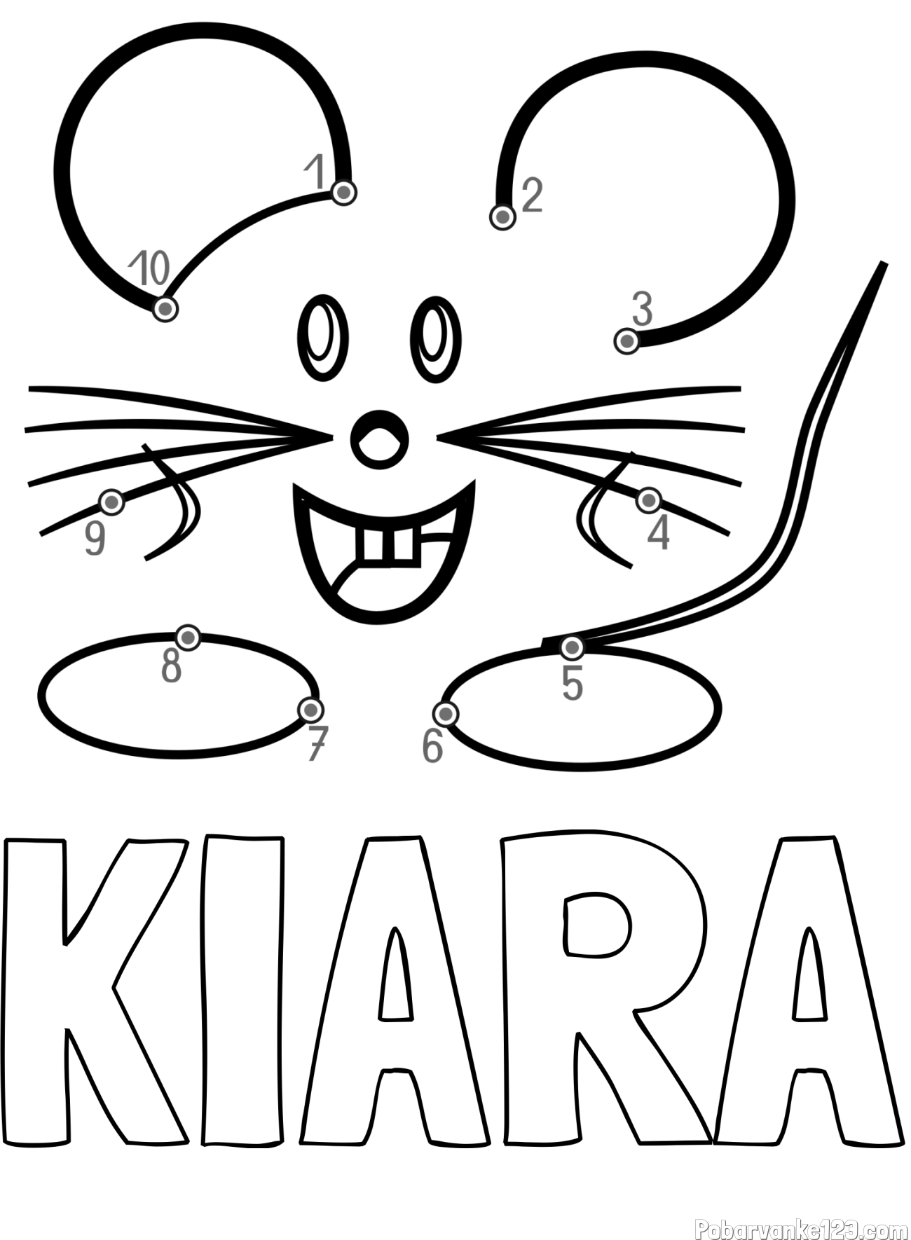 Pobarvanka imena KIARA in pobarvanka poveži številke - ljubka miška