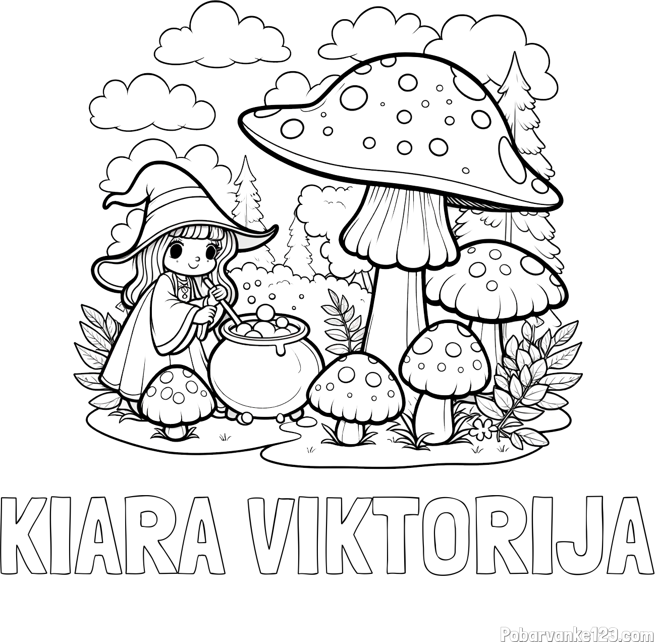 Pobarvanka imena KIARA VIKTORIJA in pobarvanka čarovnice med gobami
