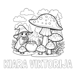 Online izdelana pobarvanka - Pobarvanka imena KIARA VIKTORIJA in pobarvanka čarovnice med gobami