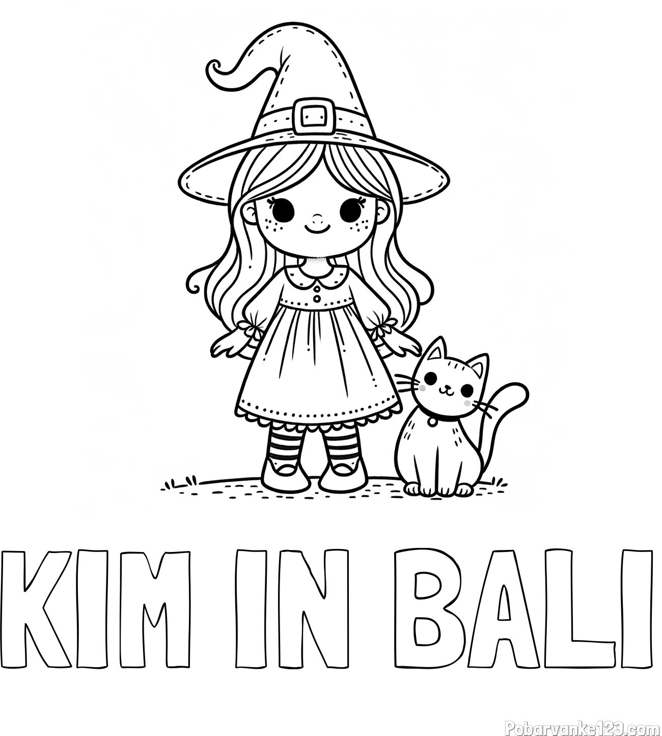 Pobarvanka imena KIM IN BALI in Čudovita pobarvanka ljubke čarovnice in nasmejane mačke