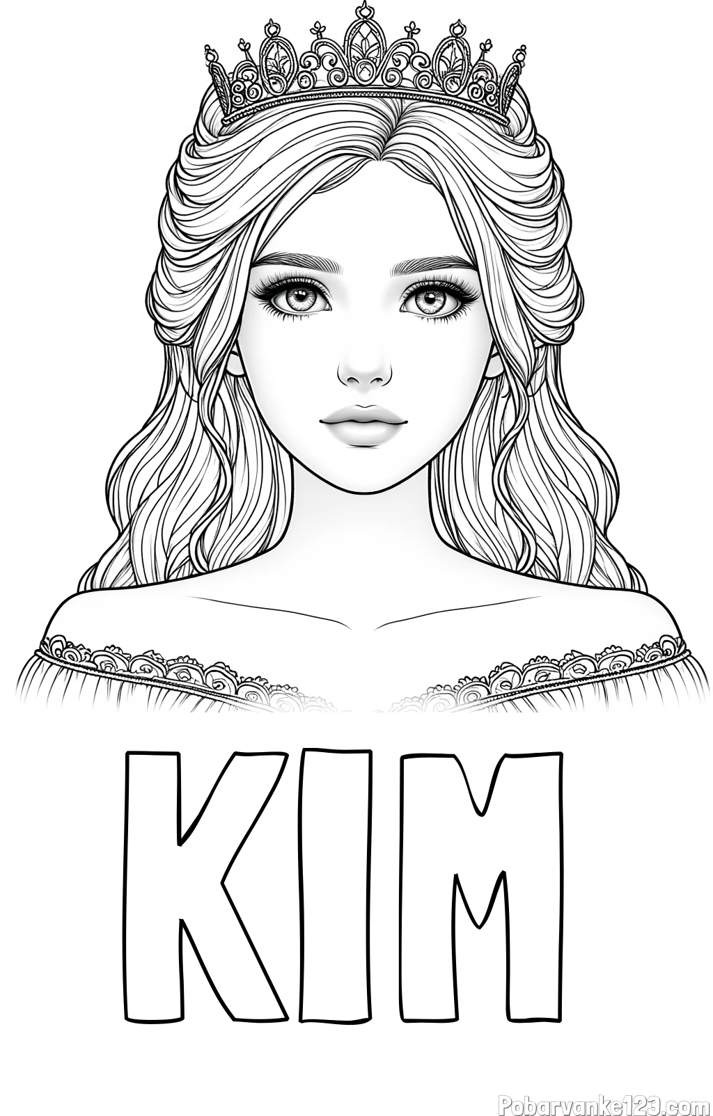 Pobarvanka imena KIM in pobarvanka prikupne princeske s čudovitimi očmi