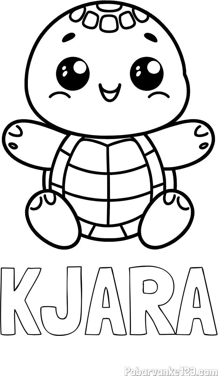 Pobarvanka imena KJARA in otroška pobarvanka ljubke in nasmejane želvice