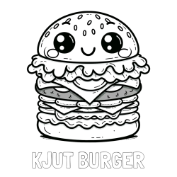Online izdelana pobarvanka - Pobarvanka imena KJUT BURGER in otroška pobarvanka nasmejanega hamburgerja