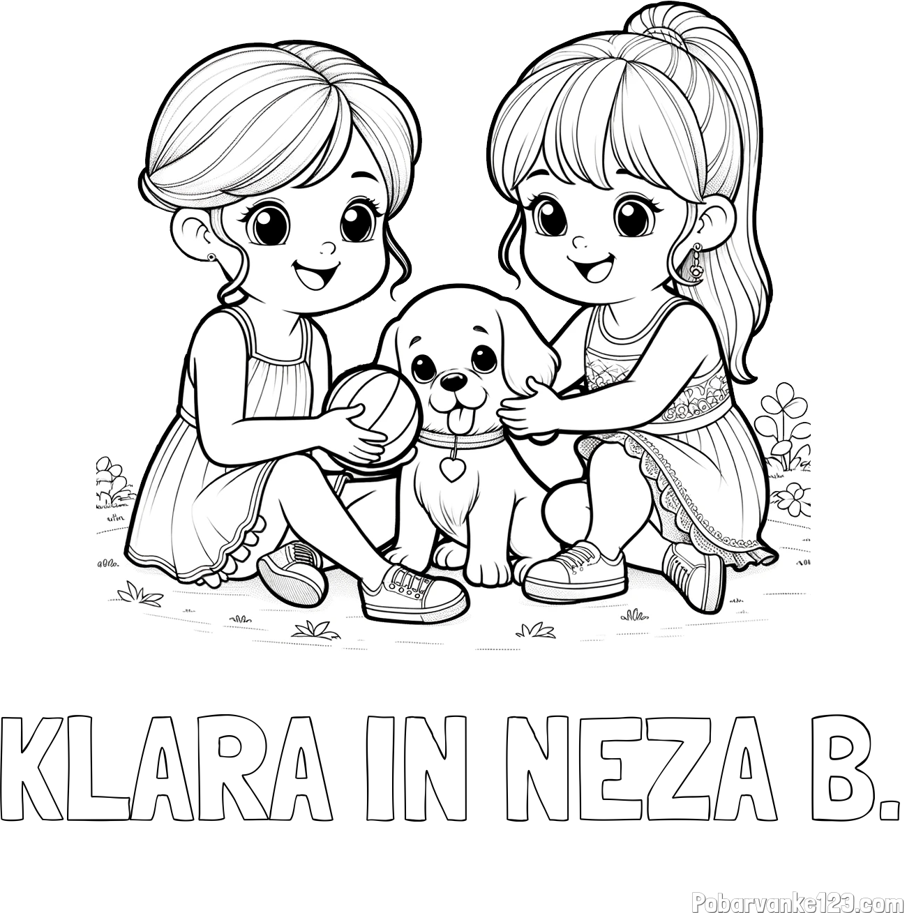 Pobarvanka imena KLARA IN NEŽA B. in pobarvanka prijateljic s kužkom