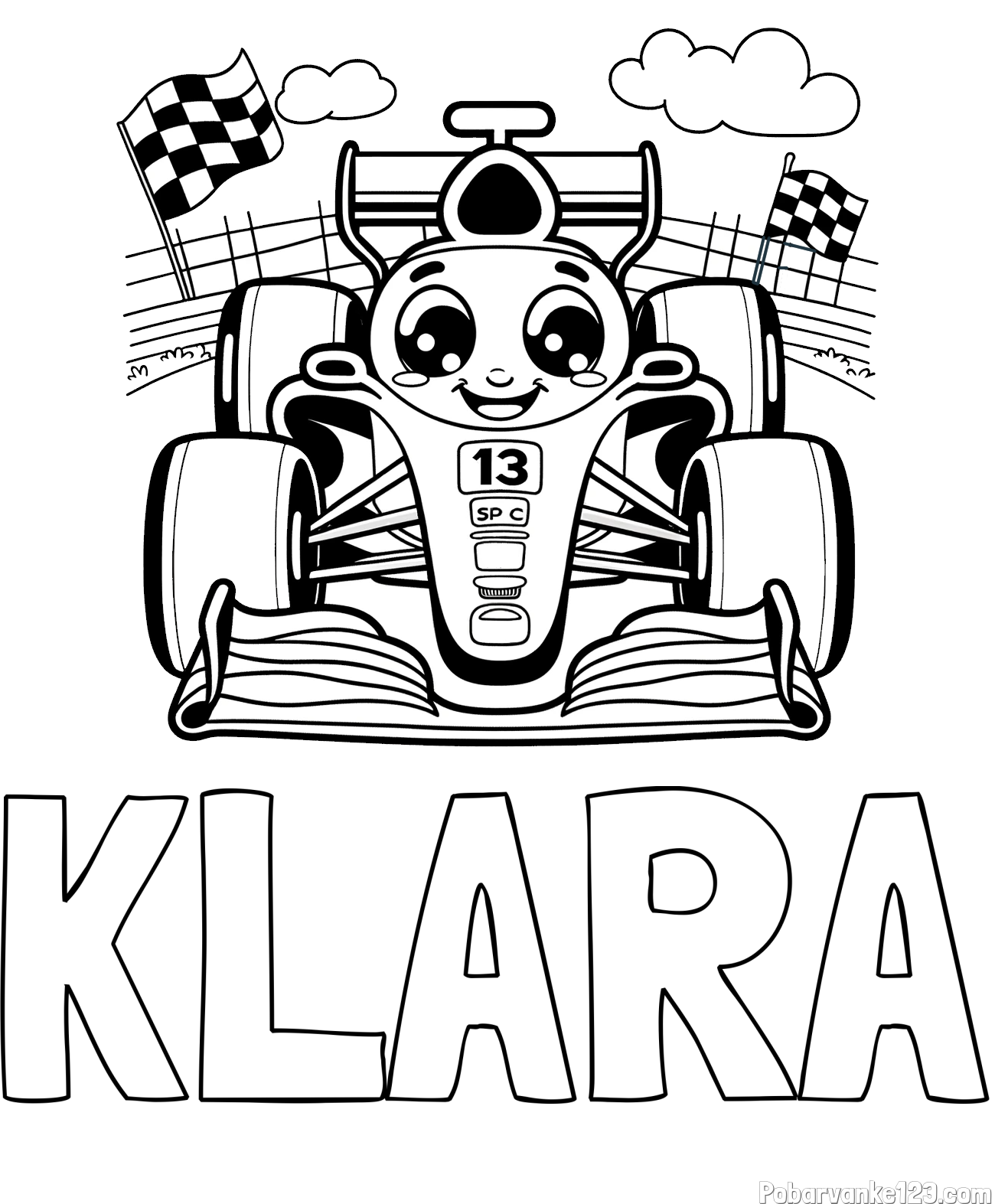 Pobarvanka imena KLARA in otroška pobarvanka FORMULA 1