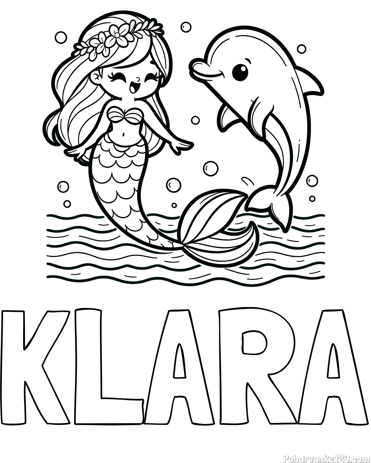 Pobarvanka imena KLARA in pobarvanka ljubke morske deklice, ki pleše z delfinom