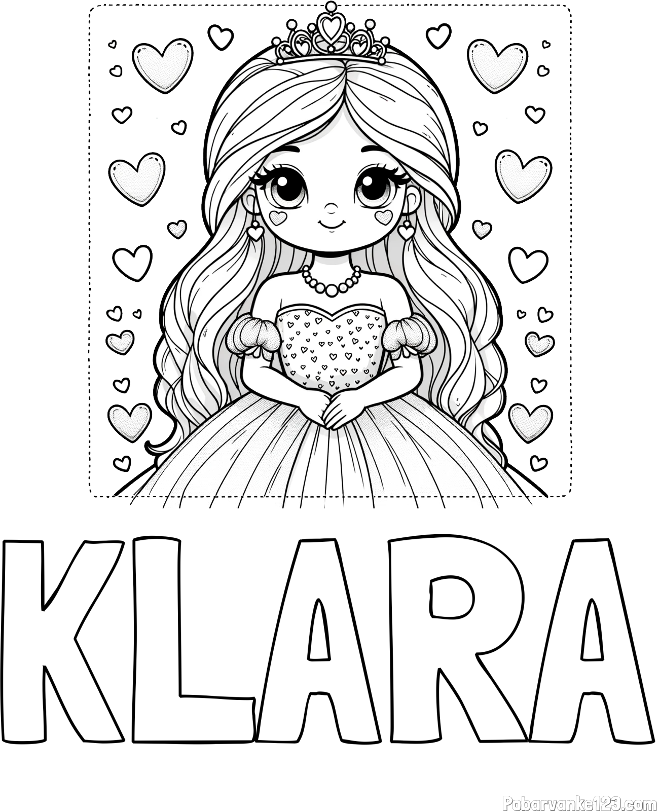 Pobarvanka imena KLARA in pobarvanka ljubke princese obdane s srčki