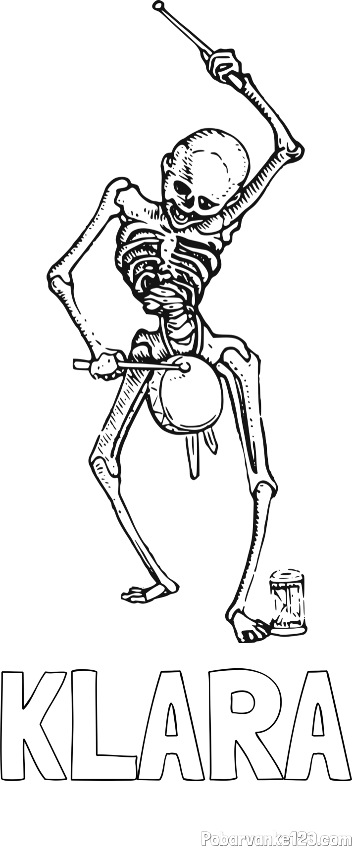 Pobarvanka imena KLARA in pobarvanka okostnjaka, ki igra na boben