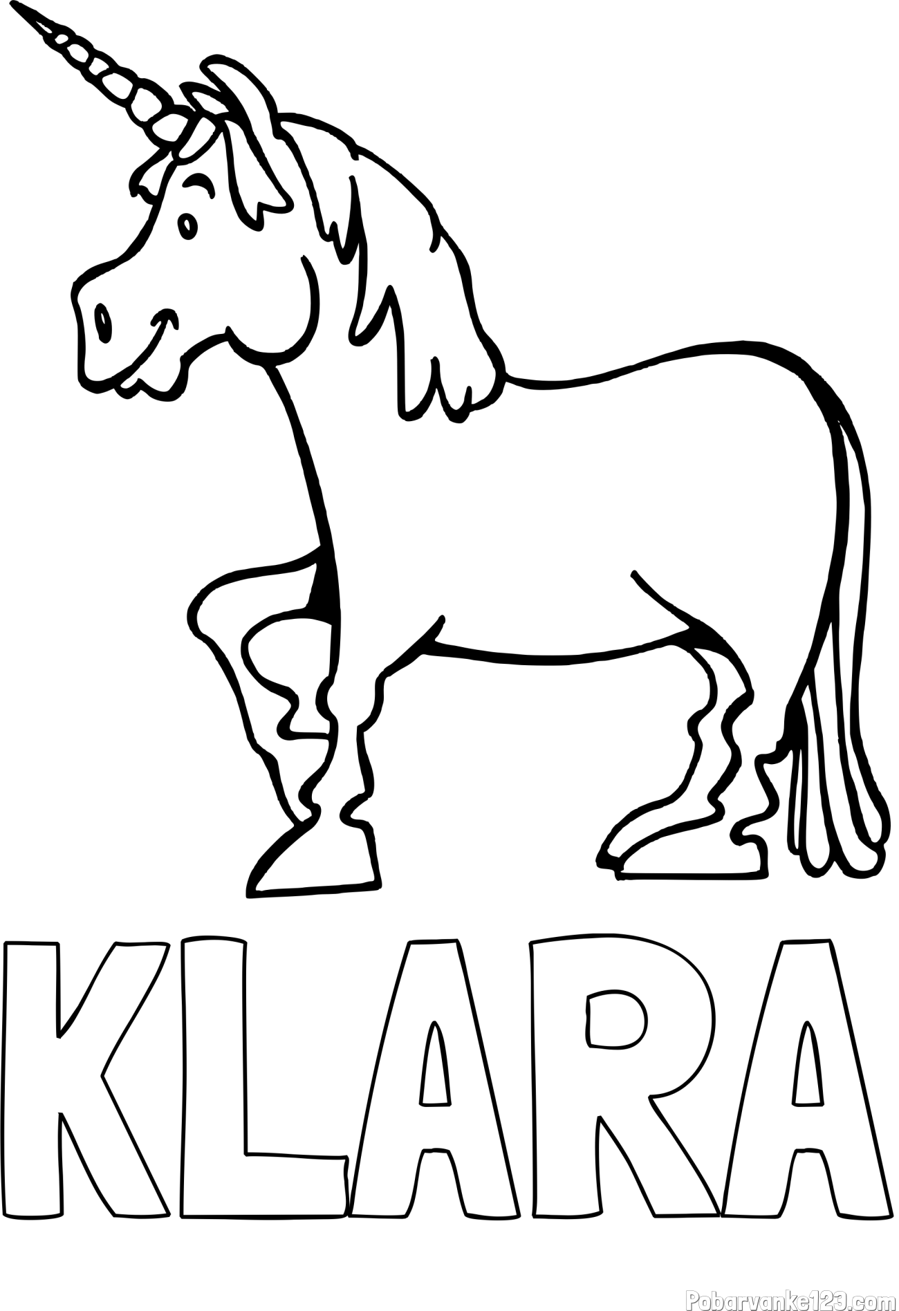 Pobarvanka imena KLARA in pobarvanka veselega samoroga