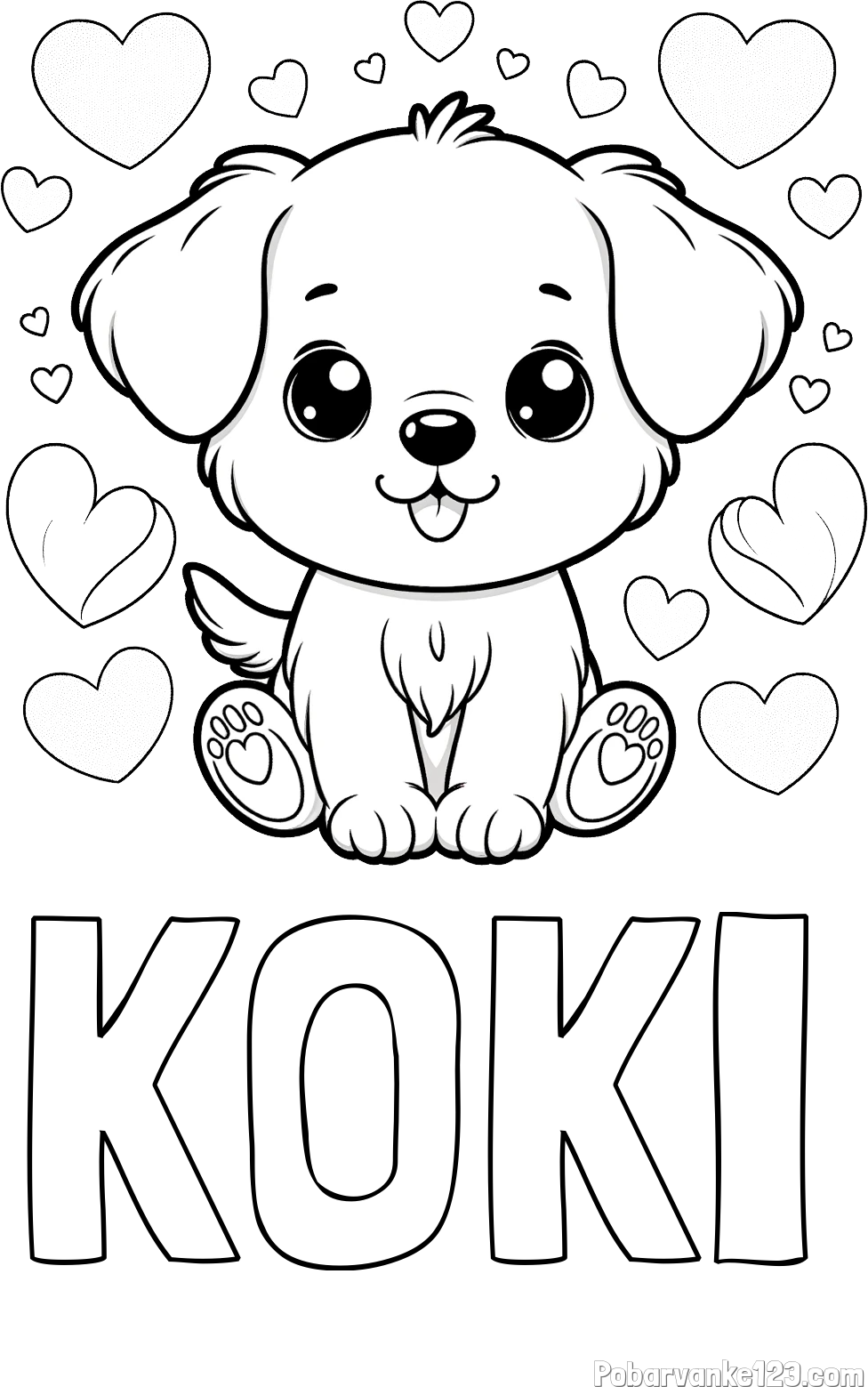 Pobarvanka imena KOKI in pobarvanka ljubkega kužka obdanega s srčki