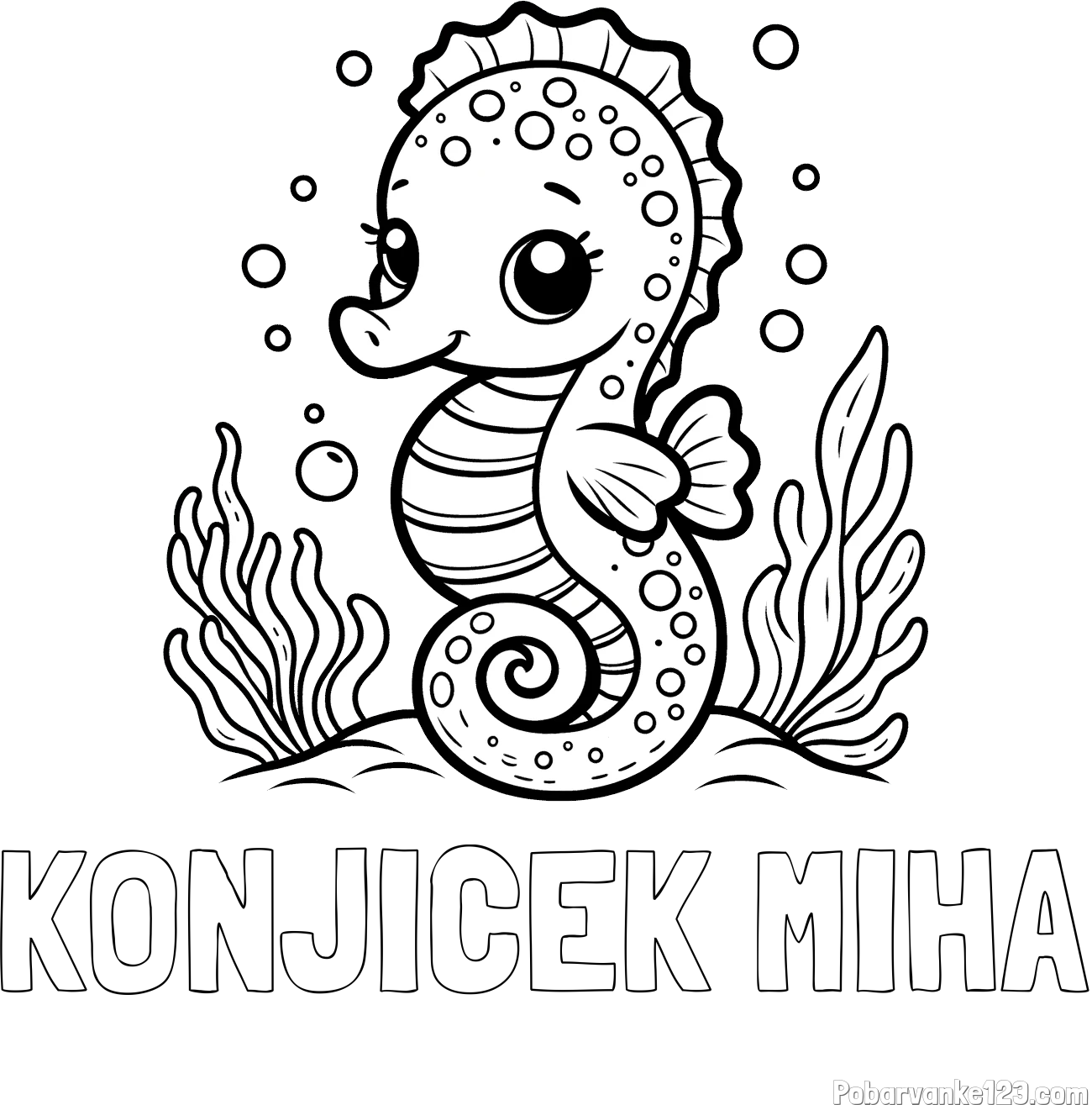 Pobarvanka imena KONJIČEK MIHA in pobarvanka morskega konjička