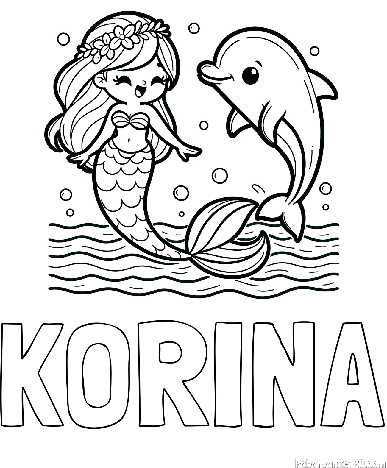 Pobarvanka imena KORINA in pobarvanka ljubke morske deklice, ki pleše z delfinom