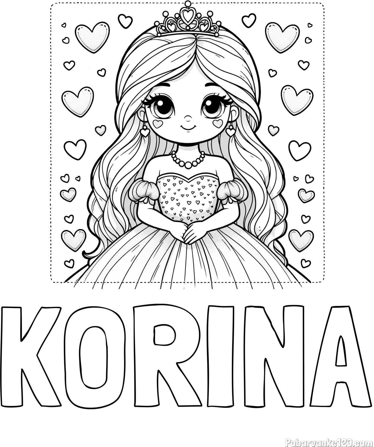 Pobarvanka imena KORINA in pobarvanka ljubke princese obdane s srčki