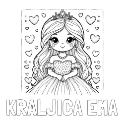 Online izdelana pobarvanka - Pobarvanka imena KRALJICA EMA in pobarvanka ljubke princese obdane s srčki