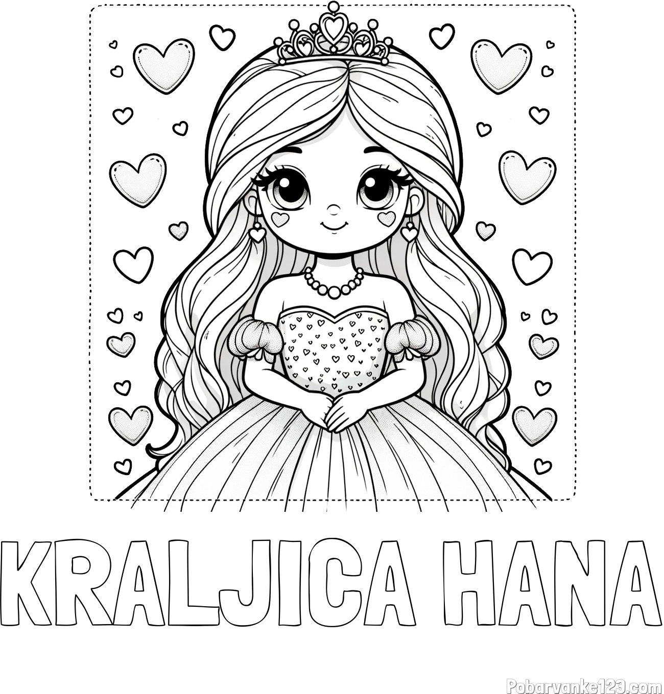 Pobarvanka imena KRALJICA HANA in pobarvanka ljubke princese obdane s srčki