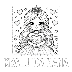 Online izdelana pobarvanka - Pobarvanka imena KRALJICA HANA in pobarvanka ljubke princese obdane s srčki