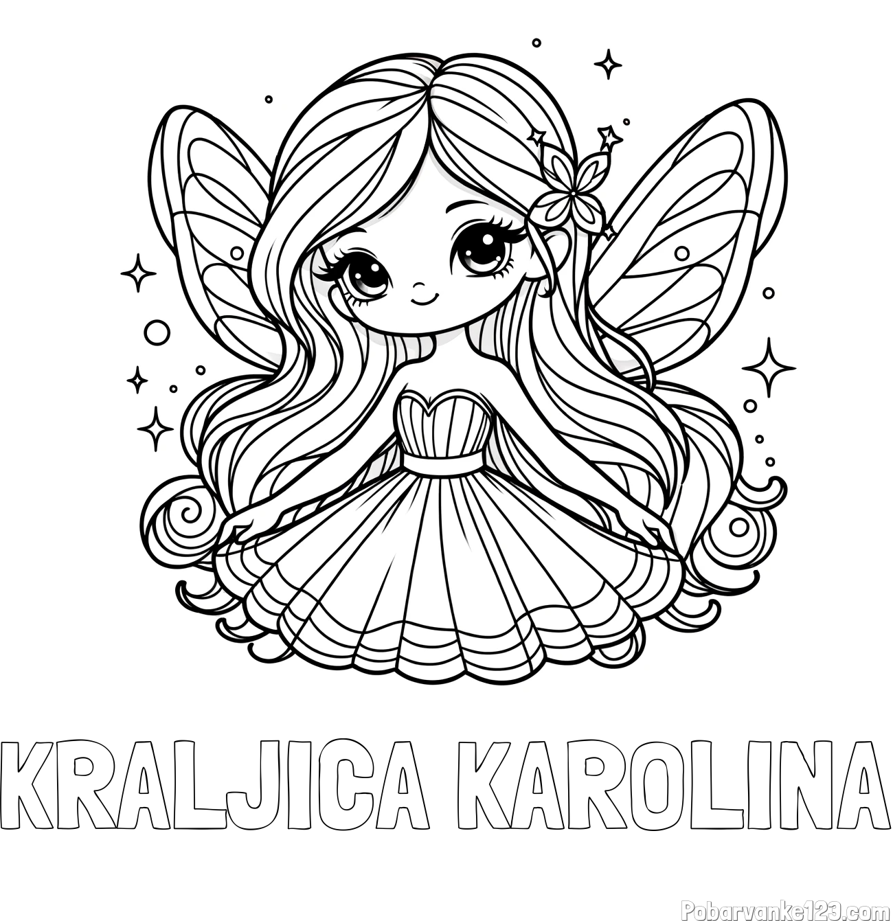 Pobarvanka imena KRALJICA KAROLINA in pobarvanka ljubke in nasmejane čarobne vile