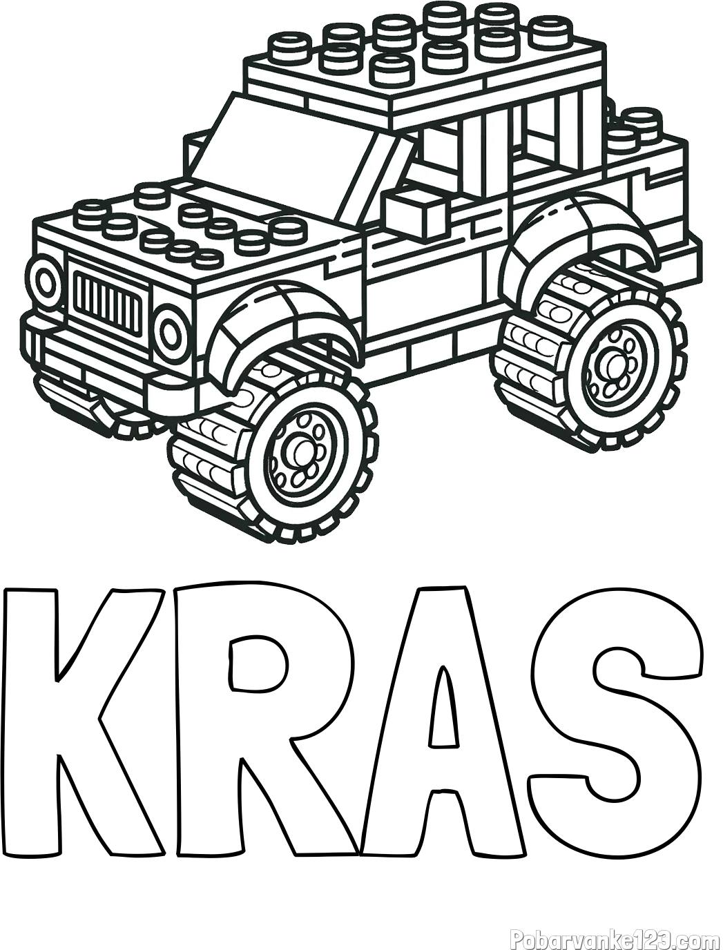 Pobarvanka imena KRAS in pobarvanka džipa sestavljenega iz LEGO kock