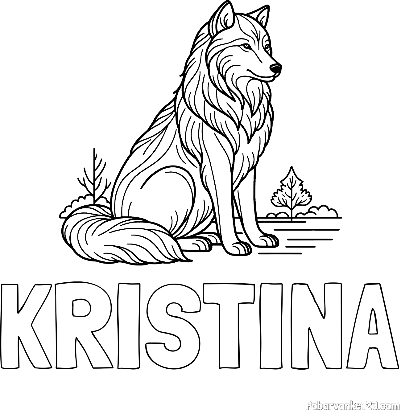 Pobarvanka imena KRISTINA in pobarvanka sedečega volka