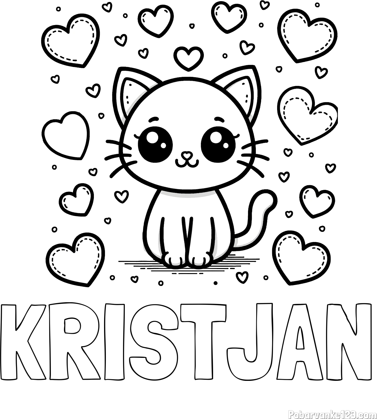 Pobarvanka imena KRISTJAN in pobarvanka ljubke mucke obdane z veliko srčki