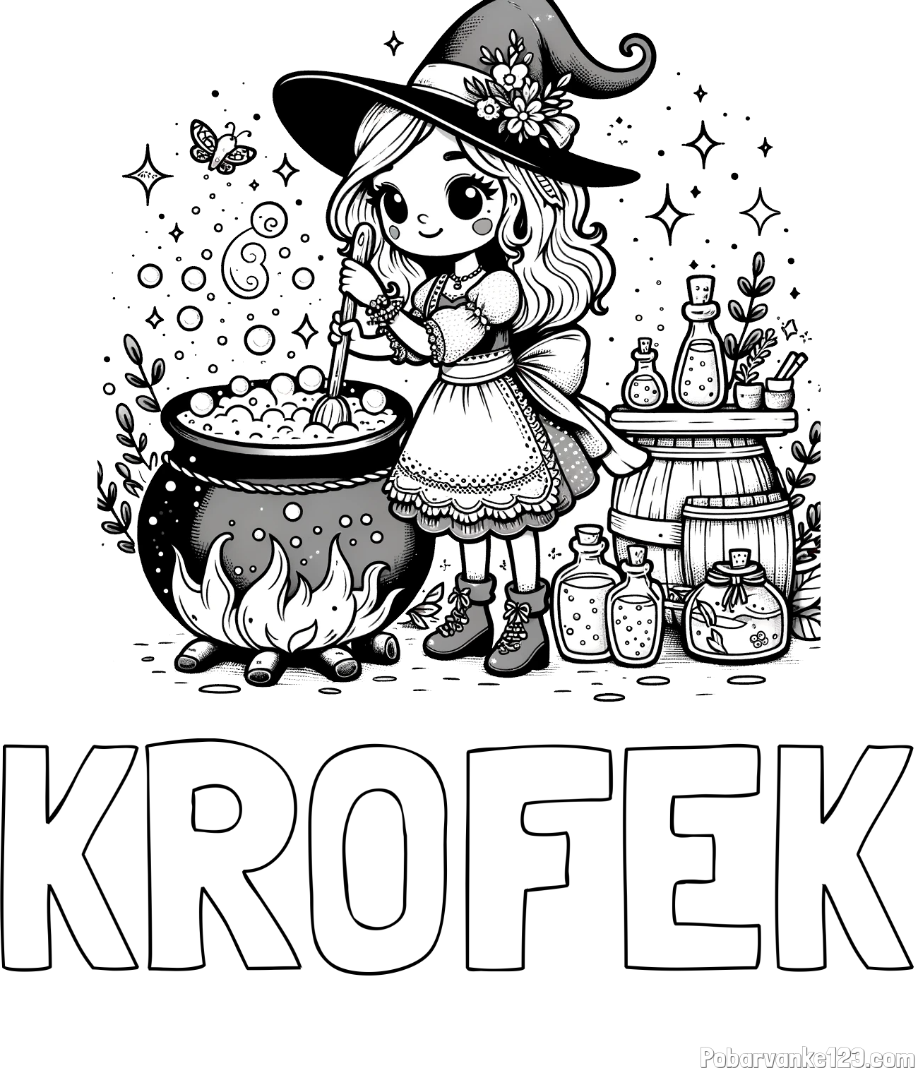 Pobarvanka imena KROFEK in pobarvanka prikupna čarovnica, ki pripravlja čarobni napoj