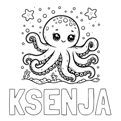 Online izdelana pobarvanka - Pobarvanka imena KSENJA in pobarvanka hobotnice v morju obdane z morskimi zvezdami