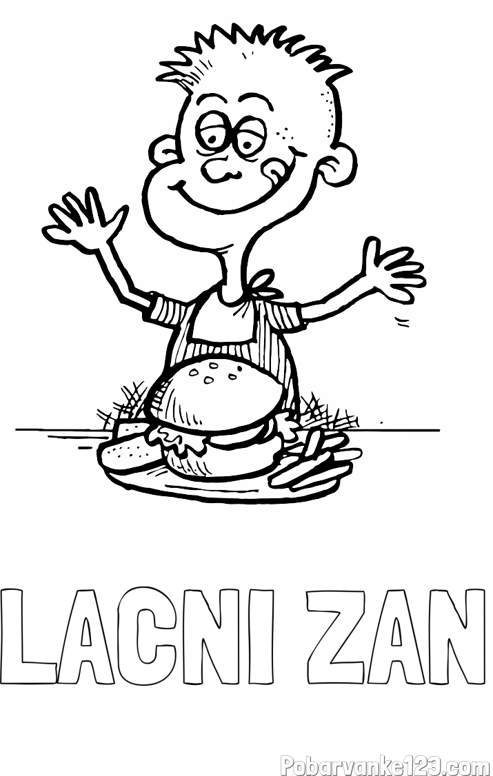 Pobarvanka imena LAČNI ŽAN in pobarvanka otroka, ki je slastni hamburger z ocvrtim krompirčkom