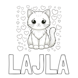 Online izdelana pobarvanka - Pobarvanka imena LAJLA in pobarvanka ljubke mucke obdane s srčki