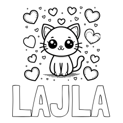 Online izdelana pobarvanka - Pobarvanka imena LAJLA in pobarvanka ljubke mucke obdane z veliko srčki