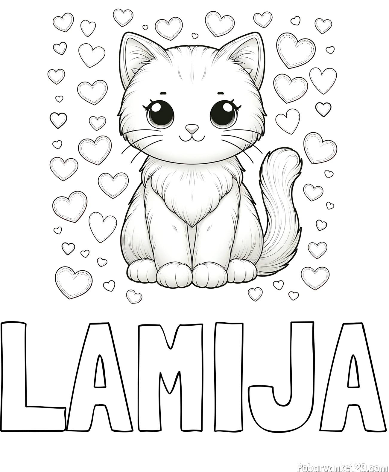 Pobarvanka imena LAMIJA in pobarvanka ljubke mucke obdane s srčki