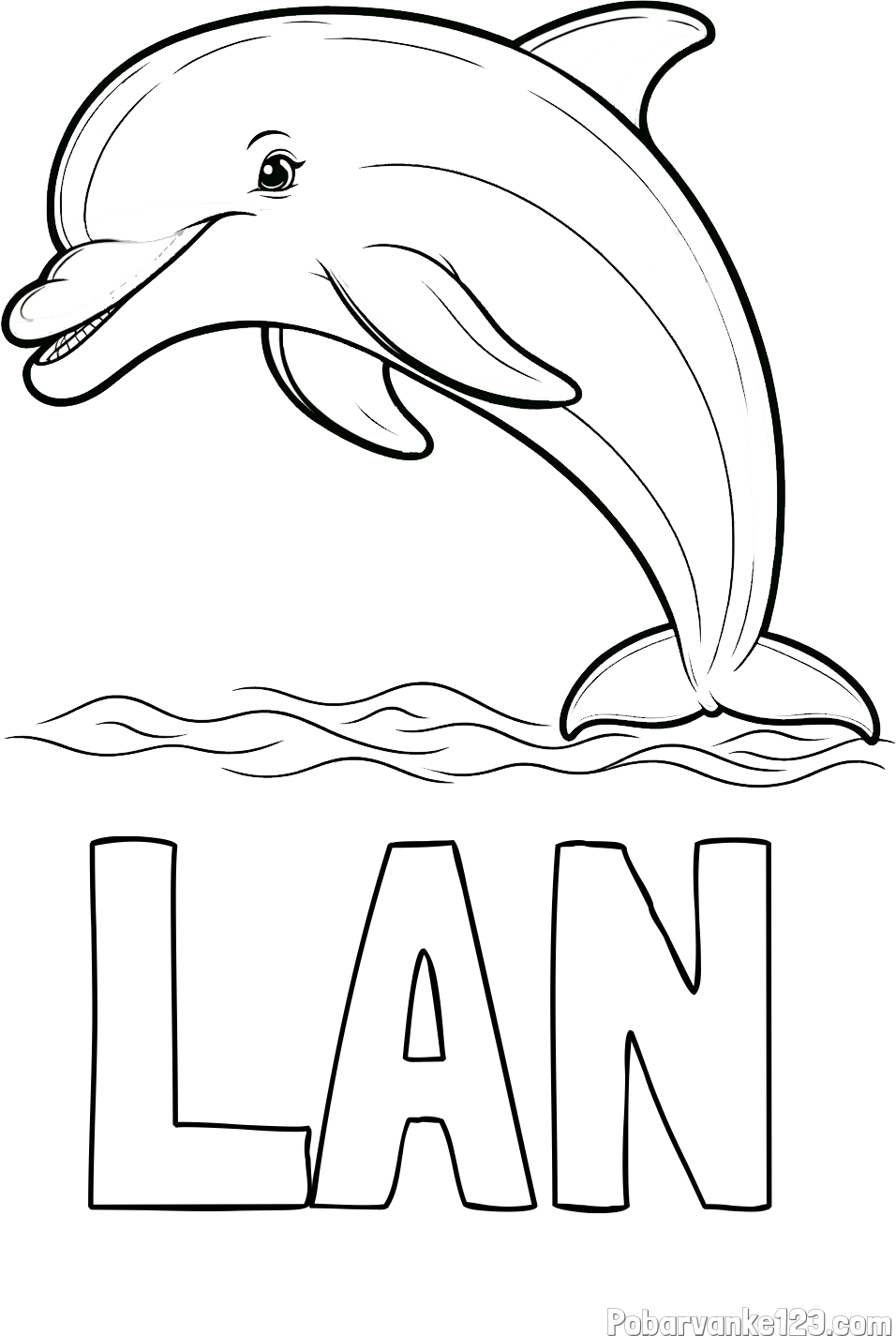 Pobarvanka imena LAN in otroška pobarvanka nasmejanega delfina v skoku