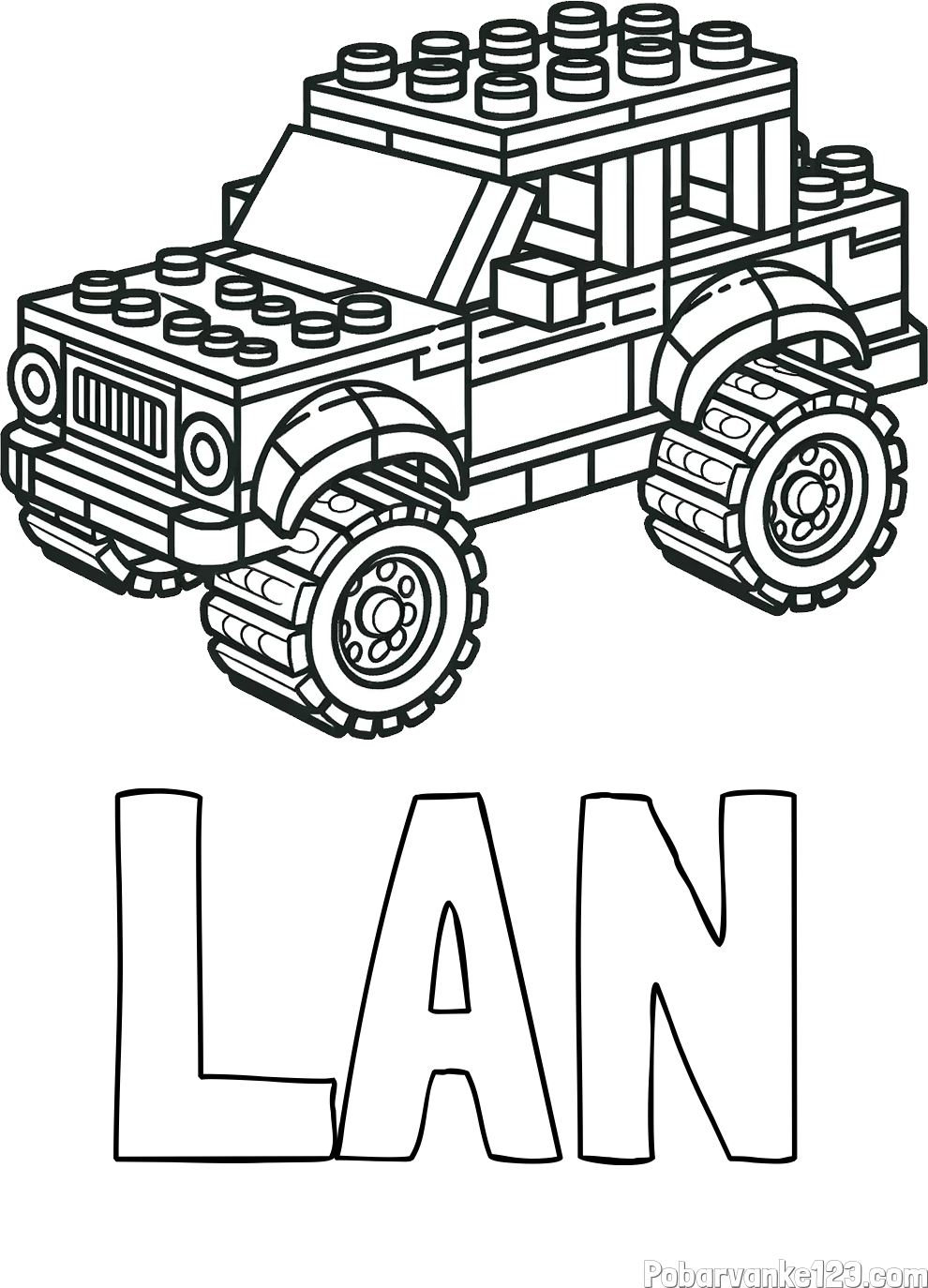 Pobarvanka imena LAN in pobarvanka džipa sestavljenega iz LEGO kock