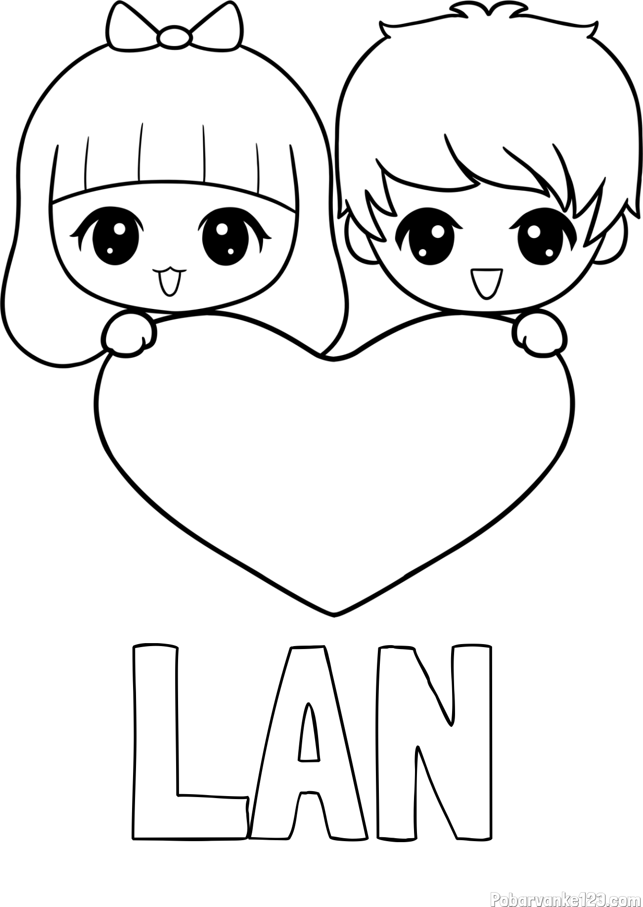 Pobarvanka imena LAN in pobarvanka fantka in deklice, ki objemata srček