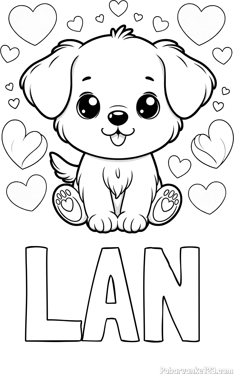 Pobarvanka imena LAN in pobarvanka ljubkega kužka obdanega s srčki