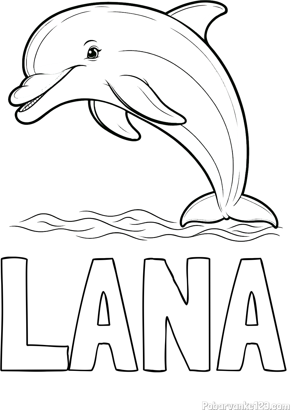 Pobarvanka imena LANA in otroška pobarvanka nasmejanega delfina v skoku