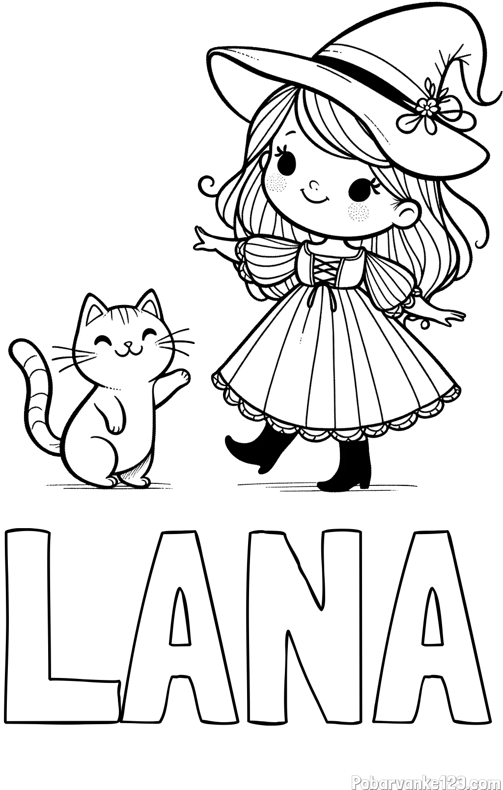 Pobarvanka imena LANA in pobarvanka ljubke čarovnice ter podrednega mačka