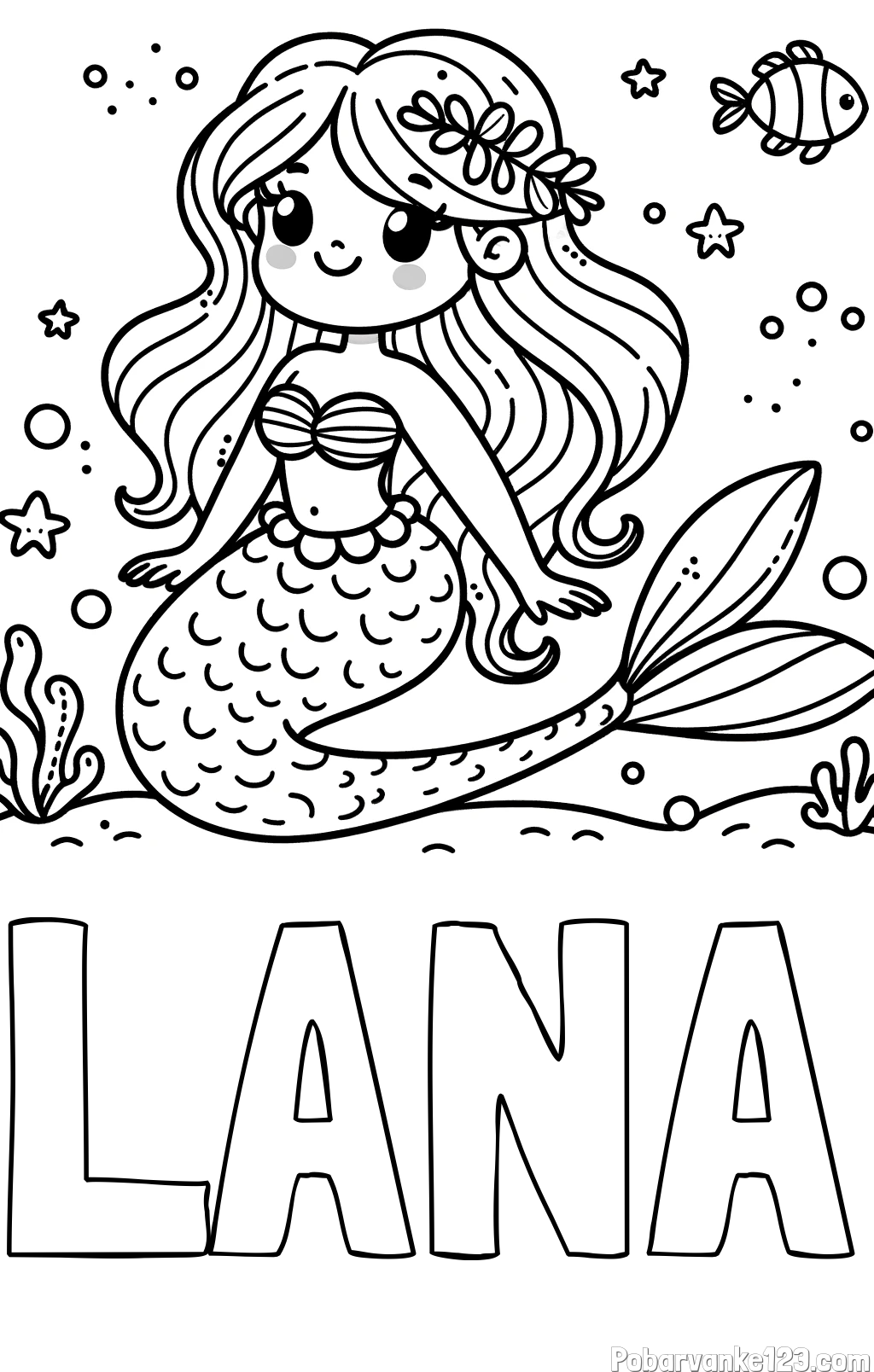 Pobarvanka imena LANA in pobarvanka ljubke morske deklice v morju