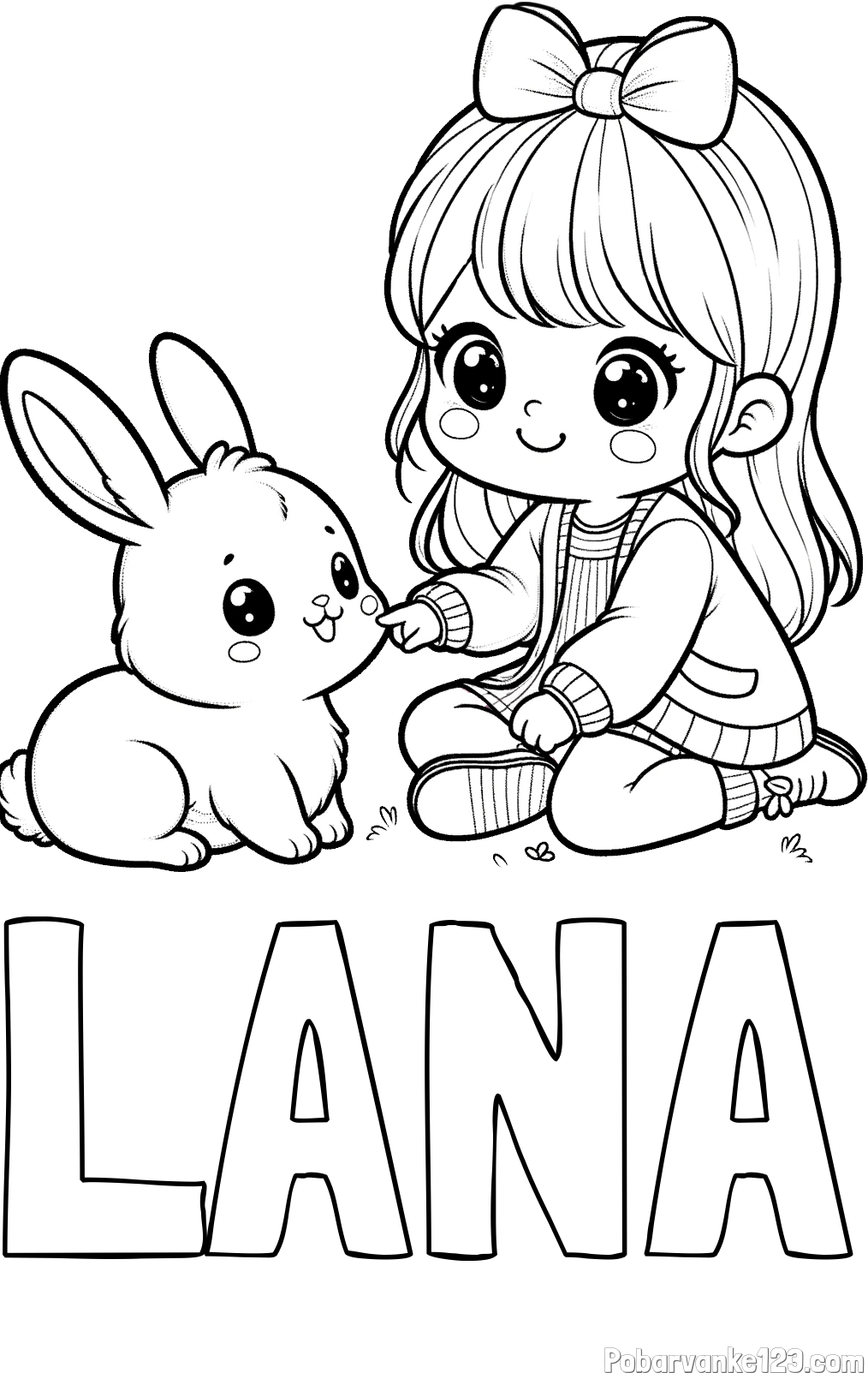 Pobarvanka imena LANA in pobarvanka ljubke punčke, ki se igra z zajčkom