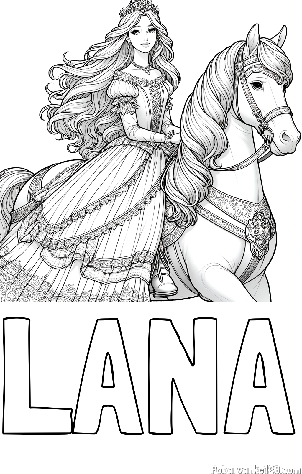 Pobarvanka imena LANA in pobarvanka nasmejana princese na konju